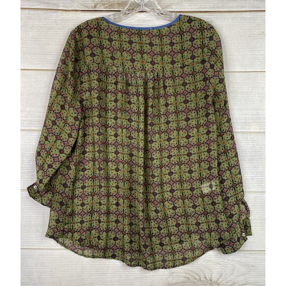Anthropologie Daniel Rainn Top Womens M Green Medallion Keyhole Sheer Roll Tab - Picture 10 of 10